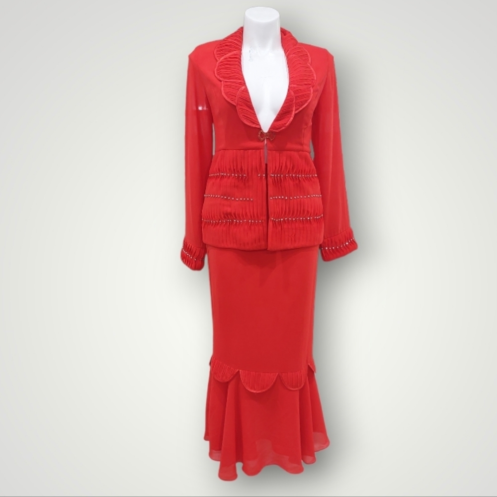 Tally Taylor Red 3 Piece Skirt Suit Embellished Jacket & Flair Skirt Detail Sz 8